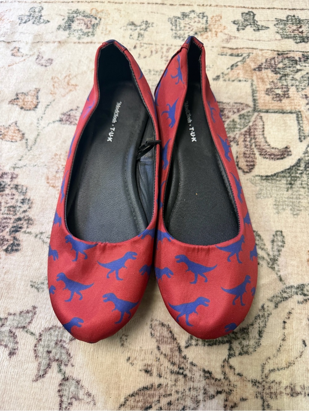Red Satin Ballet Flats with Blue Dinosaur Print